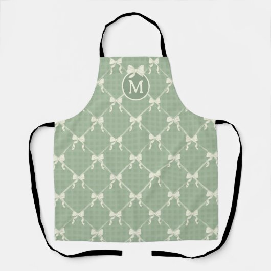 Schicke Schleifen Gingham Monogramm Creme Salbei G Schürze (Vorderseite)
