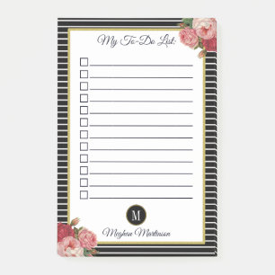 Schicke schwarze Blumenmonogramm-To-Do-Liste mit S Post-it Klebezettel