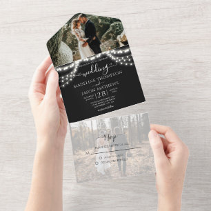 Schicke schwarze Lichterkette Foto RSVP Hochzeit All In One Einladung