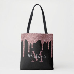 Schicke schwarze Rose Gold Glitter Tropfen Monogra Tasche