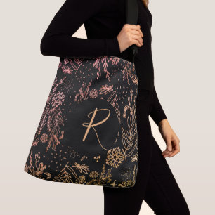 schicke schwarze Rose goldenes botanisches Muster Tragetaschen Mit Langen Trägern