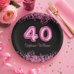 Schicke schwarze und rosa Glitter 40. Geburtstagsf Pappteller
