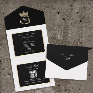 Schicke schwarze und weiße QR-Code-Hochzeit All In One Einladung