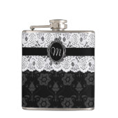 Schicke schwarze und weiße Spitzen-Monogramm-Flasc Flachmann (Vorderseite)