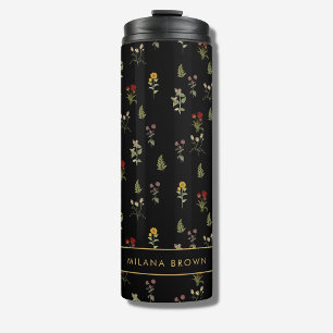 Schicke schwarze Vintage-Wildblumen-Muster Thermosbecher