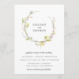 Schicke Sommer-Wildblumen-Blumenkranz-Hochzeit Einladung