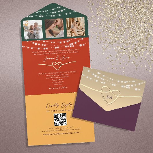 Schicke String-Lichter Hochzeit QR-Code All In One Einladung