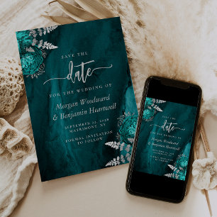 Schicke Teal Blau Silber Blumen Hochzeit Termin me Einladung