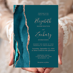 Schicke Teal-Roségold-Achat-Hochzeit Einladung