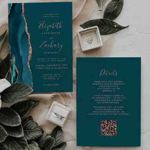 Schicke Teal-Roségold-Achat-QR-Code-Hochzeit Einladung