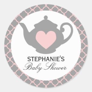 Schicke Teekanne Pink + Grau Baby Shower Tea Aufkl Runder Aufkleber