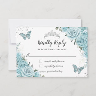 Schicke Türkisblaue Florale Quinceañera Schmetterl RSVP Karte