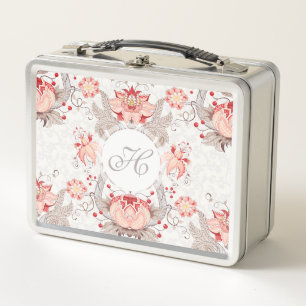 Schicke Vintage-Blumendamask-Monogramm-Lunchbox Metall Lunch Box