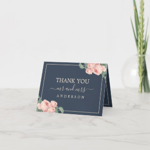 Schicke Vintage-Rosa-Rose Dunkelblau Foto-Hochzeit Dankeskarte