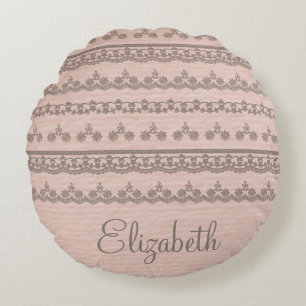 Schicke Vintage-Spitze Dusty Rose Namens-Kissen Rundes Kissen