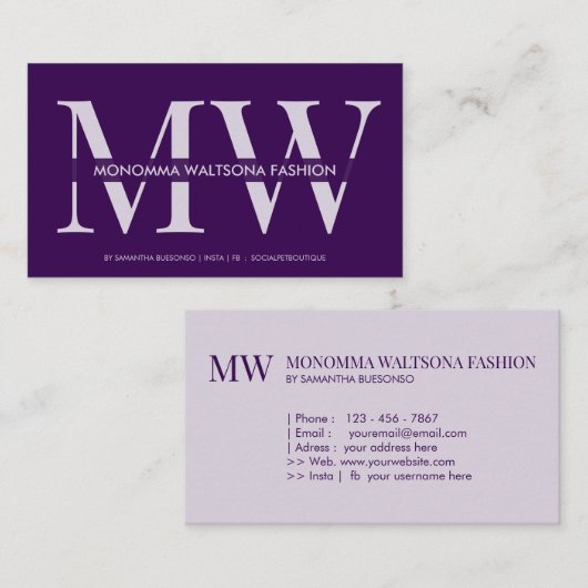 Schicke violette Typografie Monogramm Beschriftung Visitenkarte (Vorne/Hinten)