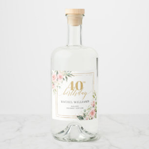 Schicke Wasserfarbe rosa Blumen Gold 40. Geburtsta Alkoholflaschenetikett