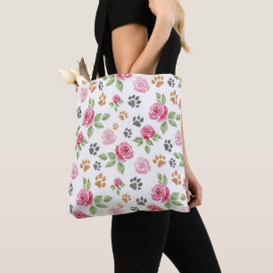 Schicke Watercolor-Blumen- und Pfotenabdruck-Tasch Tasche