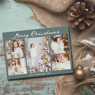 Schicke Weihnachtsfamilienfotocollage Grau Grün Feiertagskarte