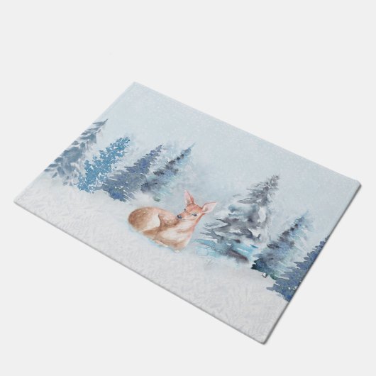 Schicke Winter-Aquarell-Rotwild im Wald Fußmatte (Schrägansicht)