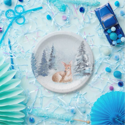 Schicke Winter-Aquarell-Rotwild im Wald Pappteller (Party)