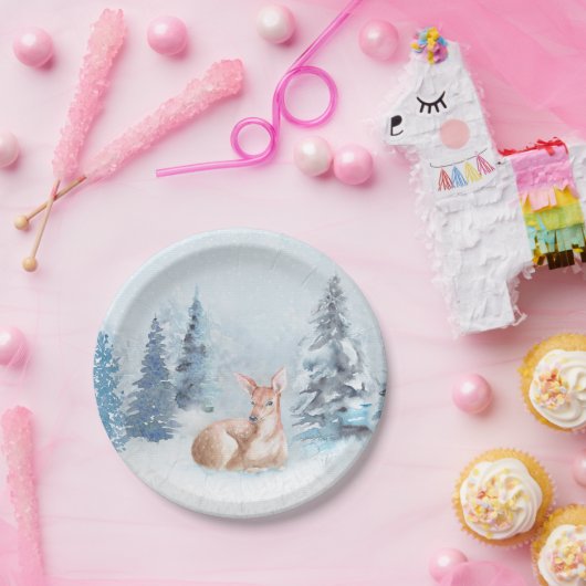 Schicke Winter-Aquarell-Rotwild im Wald Pappteller (Party)