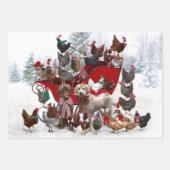SCHICKEN MIT WEIHNACHTSMANNMÜTZEN UND HUNDEN-WRAPP GESCHENKPAPIER SET (Vorderseite)