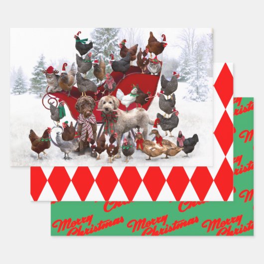 SCHICKEN MIT WEIHNACHTSMANNMÜTZEN UND HUNDEN-WRAPP GESCHENKPAPIER SET (Set)