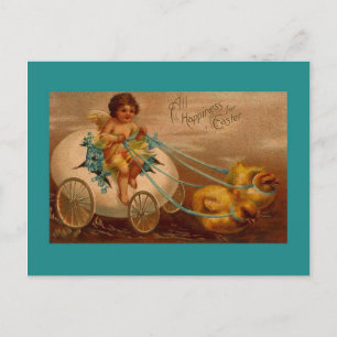 SCHICKEN PULLING EGG WAGON FANTASY EASTER POSTCARD FEIERTAGSPOSTKARTE