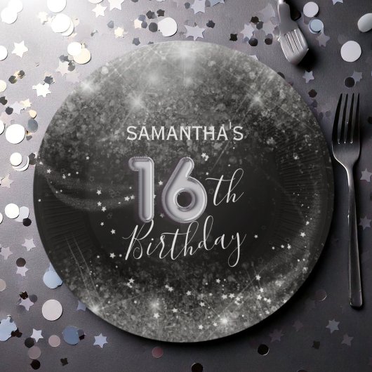 Schicker 16. Geburtstag Silber Glitter & Schwarz Pappteller