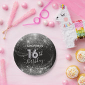 Schicker 16. Geburtstag Silber Glitter & Schwarz Pappteller (Party)