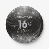 Schicker 16. Geburtstag Silber Glitter & Schwarz Pappteller (Vorderseite)