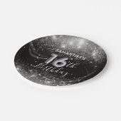 Schicker 16. Geburtstag Silber Glitter & Schwarz Pappteller (Schrägansicht)