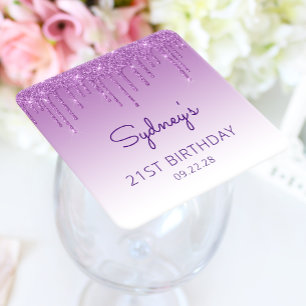 Schicker 21. Geburtstagsparty mit lila Glitter-Dri Rechteckiger Pappuntersetzer