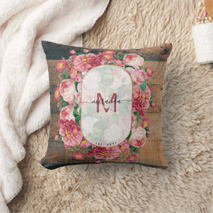 Schicker botanischer Vintage-Kranz Monogramm Holz Kissen
