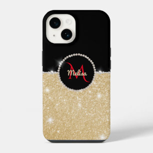 Schicker falscher Gold-Glitter Schwarz & Perlen-Mo iPhone 14 Hülle