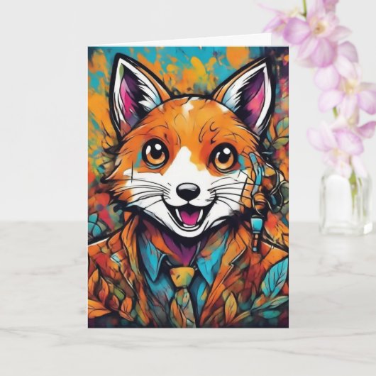 Schicker Fuchs – Whimsische Tierkunst Karte (Orchidee)