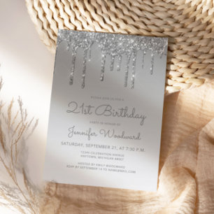 Schicker Glitter-Drip Silber 21. Geburtstag Einladung