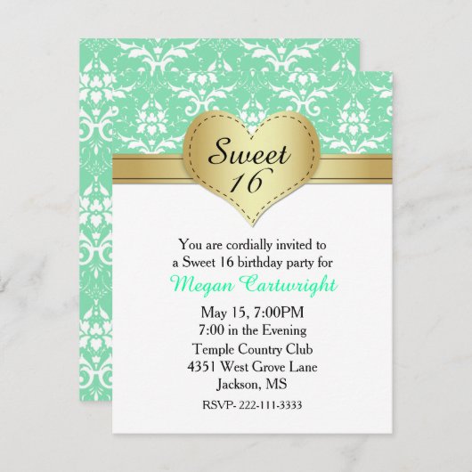 Schicker grüner Damast-Bonbon 16 Einladung (Vorne/Hinten)