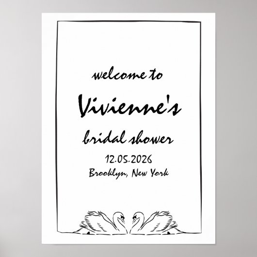 Schicker, handgezeichneter Schwan-Hochzeitsdusche- Poster (Vorne)