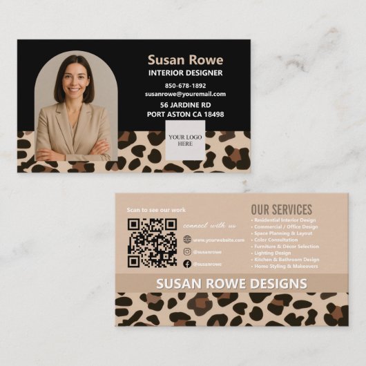 Schicker Leopard Schwarz und Beige QR-Code Arch Fo Visitenkarte (Vorne/Hinten)