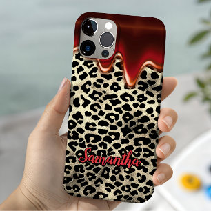 Schicker Leopardendruck roter tropfender Monogramm iPhone 16 Hülle