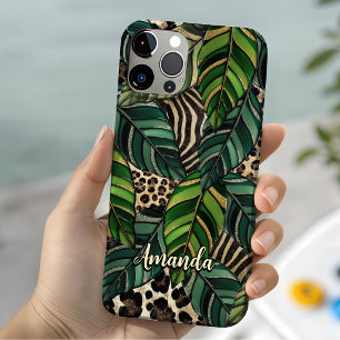 Schicker Leopardenprint Monstera-Blätter Monogramm iPhone 16 Hülle