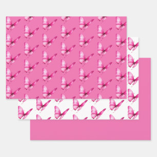 Schicker Mädchenhafter Rosa Schmetterlinge Geburts Geschenkpapier Set