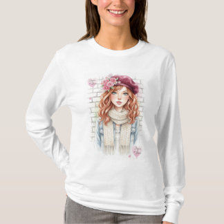 Schicker Pariser Stil Barett Mädchen Floral Mode T T-Shirt