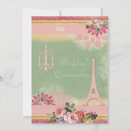 Schicker Quinceañera Eiffelturm und Leuchter Einladung (Vorderseite)