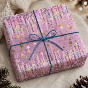 Schicker rosa Damast, tropfendes Einhorn Glitter Geschenkpapier