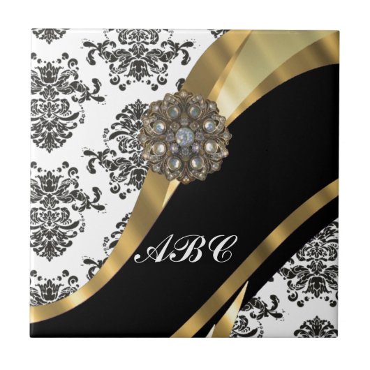 Schicker schwarzer u. weißer Damast u. Gold Fliese (Vorderseite)