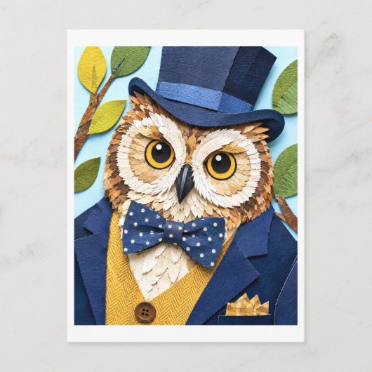 Schicker Uhu mit Zylinder Postkarte (Vorderseite)