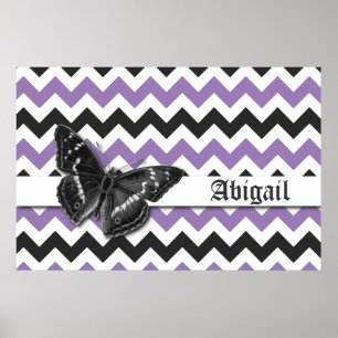 Schicker Vintage-Schmetterling Lila Grau Chevron-M Poster